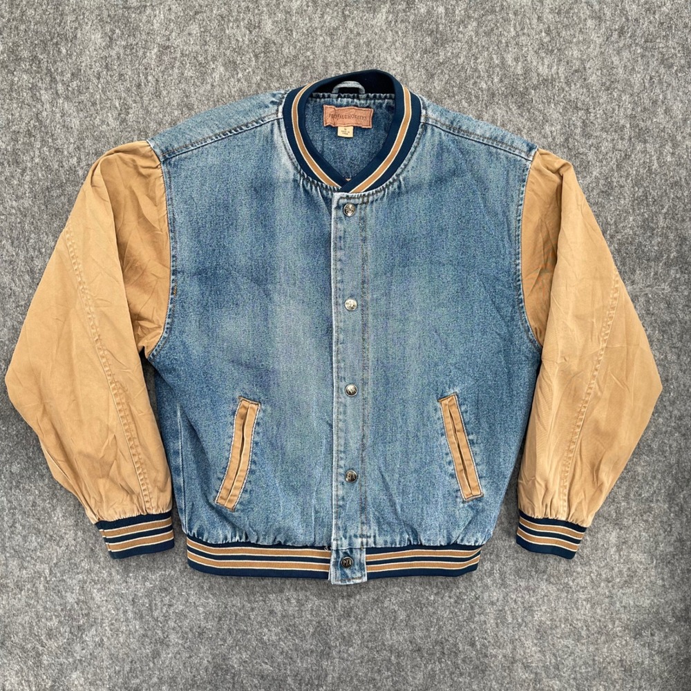Port Authority Denim Varsity Jacket Mens Small Blue Tan Bomber Vintage
